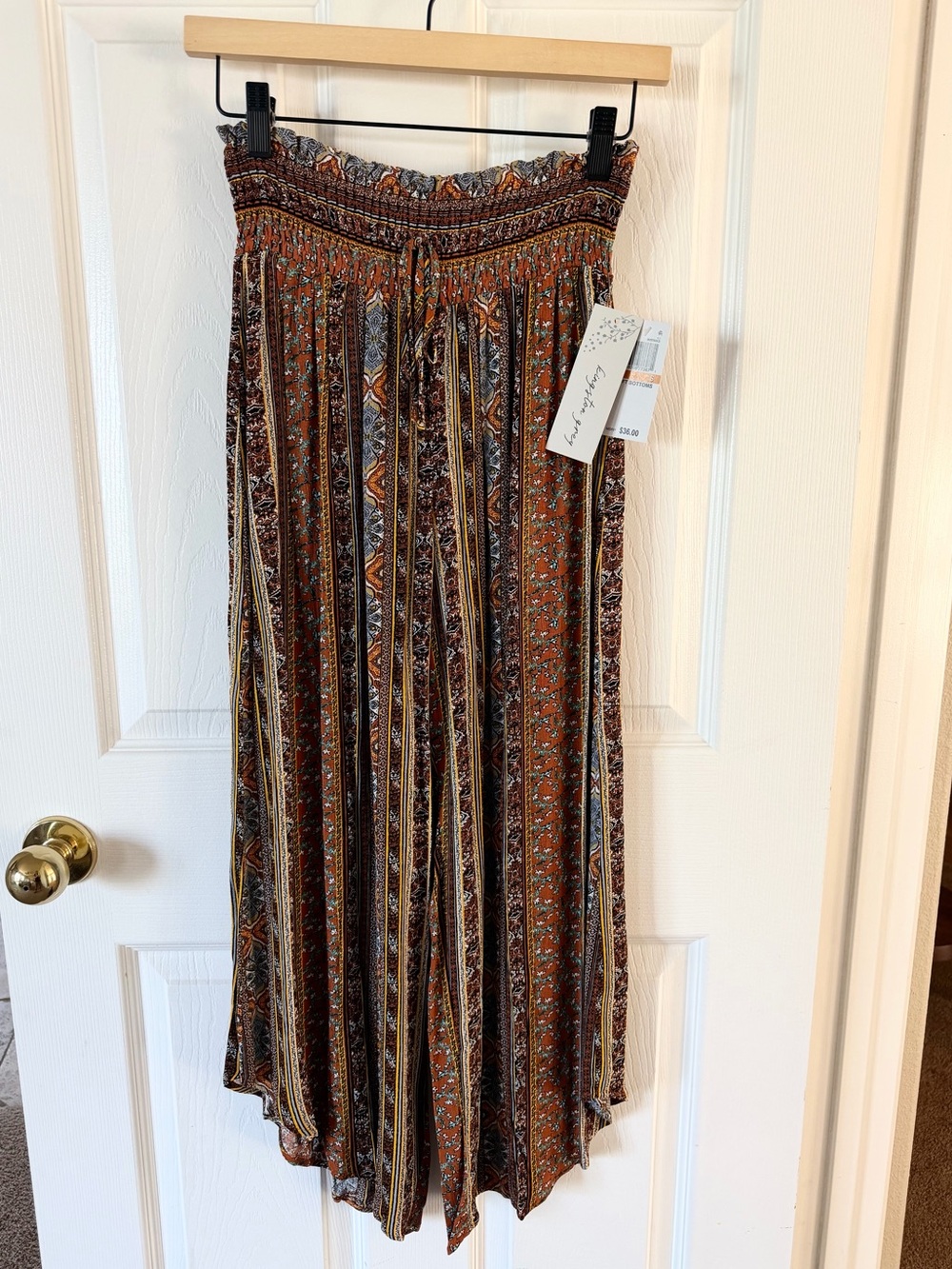 First Love Rust Gold Boho Midi Pants S NWT Smocked Beach Cover Up Pants